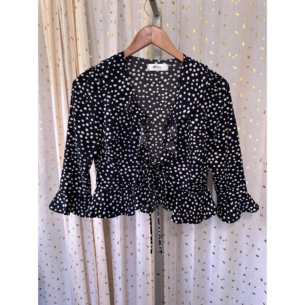 Mahina Boutique Hawaii Polka Dot Flutter Ruffle Hem Front Tie Crop Cardigan S